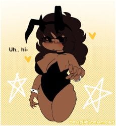 big_breasts big_thighs black_hair black_horns blush blushing_at_viewer brown_skin bunny_ears bunnysuit chubby_female freckles_on_breasts freckles_on_shoulders freckles_on_thighs glasses_on_face horns shy talking_to_another talking_to_viewer unknown_artist unknown_artist_signature