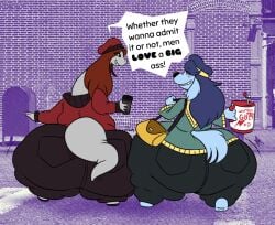 2girls anthro ass ass_to_ass beanie beanie_hat blue_hair butt_to_butt canine canine canine_humanoid coffee_cup dinosaur dinosaur_girl english_text fawxen female female_focus female_only furry grey_body hair_tie hairband hips hyper hyper_ass large_ass lita_(fawxen) overweight overweight_female purse red_hair sweater tani_(nkil) tanystropheus text thick_thighs thighs water_jug wide_hips