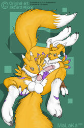 1boy 1girls 2005 anthro anthro_on_anthro balls blue_eyes canine chest_tuft claws digimon face_markings female female_anthro fox fur furry licking malaka male male/female male_anthro male_anthro/female_anthro male_renamon oral penis renamon straight tail tongue unknown_artist yellow_eyes