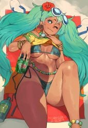 1girls beach_towel bikini brazilian_miku clothes_lift earrings female female_only flower_in_hair green_eyes green_hair hatsune_miku hi_res latin_american_hatsune_miku_(meme) long_hair lying lying_on_back meme norasuko one_eye_closed smile solo sunglasses_on_head tan_body tan_skin thick_thighs twintails very_long_hair vocaloid