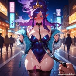 ai_generated balecxi bare_shoulders blue_eyes blue_leotard breasts cameltoe city cleavage closed_mouth collar cowboy_shot elf exhibitionism female floating_hair highleg highleg_leotard holding holding_leash janna_windforce large_breasts league_of_legends leash long_hair looking_at_viewer night nose_blush off_shoulder open_clothes open_jacket outdoors people pointy_ears pov pov_hands public_indecency purple_hair pussy pussy_juice sex_toy skindentation solo_focus strapless strapless_leotard thigh_gap thighhighs thighs two-tone_jacket vibrator_under_clothes viewer_holding_leash white_jacket wide_hips