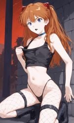 1girls ai_generated asuka_langley_sohryu blue_eyes boots bottomless choker crop_top female female_only fishnets goth goth_girl human lipstick midriff navel neon_genesis_evangelion open_clothes pale_skin petite red_hair skinny solo tank_top thong underwear