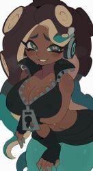 1girls arm_under_breasts black_hair cephalopod_eyes clothed crop_top dark-skinned_female fingerless_gloves gloves green_eyes green_fingers green_hair green_pantyhose grin headphones kiirono leather leather_crop_top looking_at_viewer marina_(splatoon) navel navel_piercing nipples nipples_visible_through_clothing octoling octoling_girl pantyhose piercing see-through see-through_clothing shorts smile solo splatoon splatoon_2 sweat tentacle_hair thick_thighs thigh thigh_grab tight_clothing two-tone_hair zipper zipper_pull_tab