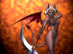 2004 anthro background_pattern bat bracelet breasts cameltoe death_(personification) demon dr_comet fangs female fire hair jewelry necklace scythe skimpy solo translucent weapon white_hair wings