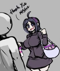 1boy 1female 1girls beta_hex_maniac big_breasts blouse blush blush_lines blushing clothed clothed_female clothing english_text female gipehtyboon hex_maniac holding_bottle light-skinned_female light_skin light_skinned_female male medium_hair milk_bottle pokemon pokemon_emerald pokemon_rse pokemon_ruby_sapphire_&_emerald purple_blouse purple_eyes purple_hair purple_skirt skirt tagme text twitter_link