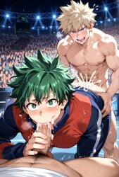 3boys ai_generated anime bakudeku bakugou_katsuki bara blowjob blowjob_face boku_no_hero_academia cum cum_in_ass cum_in_mouth deku doggy_style fellatio gay gay_blowjob gay_sex giving_head green_eyes green_hair hentai izuku_midoriya katsuki_bakugou kl_99 male male/male male_only midoriya_izuku muscular_male my_hero_academia nsfw oral pov pov_blowjob public_sex sex spiky_hair stadium sucking_penis yaoi