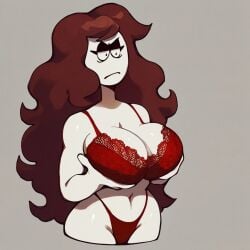 ai_generated breasts brown_hair carmen_(spooky_month) holding_breast red_bra spooky_month