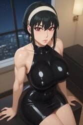 ai_generated big_ass big_breasts black_dress black_hair black_latex black_latex_dress busty fishnets latex latex_clothing latex_dress latex_suit radnsad red_eyes rubber_clothing rubber_suit short_hair_with_long_locks sidelocks solo solo_female solo_focus spy_x_family thick_thighs yor_briar yor_forger