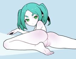 1girls akableak aqua_hair ass blue_hair booty butt_focus completely_nude completely_nude_female doll female female_only flexible flexing green_eyes looking_at_viewer looking_back monogatari_(series) naked no_bra no_panties nude_female ononoki_yotsugi pussy_focus sex_doll short_hair solo