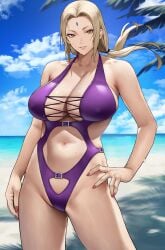 1girls bangs bare_shoulders beach bikini blonde_female blonde_hair blue_sky breasts breasts_bigger_than_head brown_eyes cleavage cloud day female female_focus forehead_jewel front_view hand_on_hip highres large_breasts long_hair looking_at_viewer mature mature_female mature_woman milf muscular muscular_female nail_polish naruto naruto_(series) naruto_shippuden palm_tree parted_bangs parted_lips purple_bikini red_nails skindentation sky solo solo_female standing swimsuit thighs top_heavy_breasts tree tsunade voluptuous wet_skin yoshi55level yoshio_(55level)