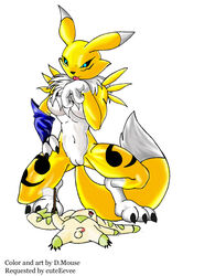 anthro blue_eyes breasts canine chest_tuft claws crouching d.mouse digimon elbow_gloves female fox fur furry markings pussy renamon tail tongue yellow