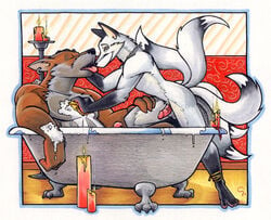 anthro bath bathing candle canine chris_goodwin fox fur furry kitsune male multiple_tails nude piercing side_view tagme tail white_fur