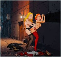 against_wall ai_generated alley ambiguous_penetration american_dad ass breasts bryan3 crossover dildo dominant_female family_guy francine_smith garter_belt lesbian_domination lesbian_sex lezdom lois_griffin night night_sky nipples stockings strap-on strap-on_dildo strap-on_sex vaginal_penetration yuri