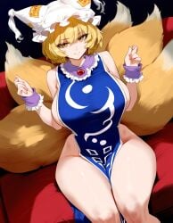 1girls ai_generated big_breasts blonde_hair breasts female female_focus female_only fluffy_tail fox_ears fox_tail hips huge_breasts large_breasts looking_at_viewer mature_female milf ran_yakumo touhou yellow_eyes