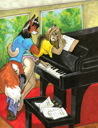 2004 anthro ayame_emaya breasts canine feline female fox from_behind fur furry futanari herm hindpaw intersex male panties panties_on_side piano sex straight underwear