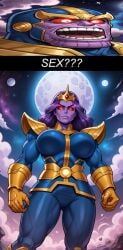 ai_generated alien_girl big_breasts genderswap_(mtf) long_hair marvel marvel_comics meme muscular_female purple_hair purple_skin red_eyes rule_63 shocked_expression text thanos will_of_ai