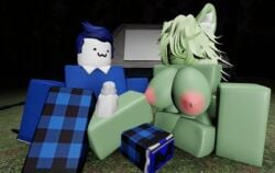 1boy 3d blue_hair breast breasts campfire dick female forest green_hair green_skin masturbating penis roblox robloxian silly white_skin yellow_eye zombie zombie_girl