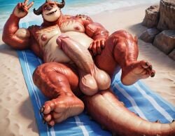 1boy 1male ai_generated anthro balls bara beach big_balls big_cock big_dick big_muscles big_penis booster_rex brown_eyes cock daddy dick erect_nipples erect_penis erection gay horns huge_balls huge_cock huge_muscles huge_nipples looking_at_viewer male male_only monster muscles muscular muscular_anthro muscular_male nipples penis red_body red_skin rumble_(film) steve_(rumble) sweating veiny_penis yaoi yiff