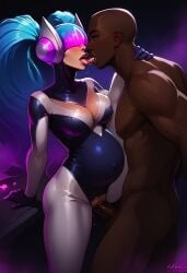 ai_generated blue_hair bodysuit clothed_female_nude_male clothed_sex dark-skinned_male dj_sona dreamcuc helmet interracial kissing league_of_legends light-skinned_female lipstick male penis pregnant pregnant_female pregnant_sex riot_games sona_buvelle tight_clothing tongue_kiss tongue_out vaginal_penetration vaginal_sex