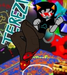 black_hair grey_skin homestuck horns tail teal_tongue terezi_pyrope vampire_teeth