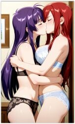 2girls ai_generated erza_scarlet fairy_tail girl_on_girl kagura_mikazuchi lesbian_couple lesbian_domination lesbian_focus lesbian_kiss lesbian_sex lingerie yuri yuri yuri