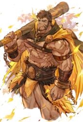 1boy abs aura bara barbarian beard beefy belt big_areola big_breasts big_hands bracelet brown_clothing brown_eyes brown_hair cape chains daddy dilf fur_clothing heracles_(tokyo_afterschool_summoners) hi_res holding_object holding_stick holding_weapon leaves loincloth looking_up male male_only mature_male muscles muscular muscular_arms muscular_legs muscular_male muscular_thighs necklace nikism pecs pelvic_curtain scar scar_on_arm scar_on_chest scar_on_face scar_on_leg scar_on_stomach scars_all_over short_hair sideburns simple_background six_pack skimpy smile sousuke000 standing taped_wrists thick thick_arms thick_eyebrows thick_thighs tokyo_afterschool_summoners tough_guy v-shaped_eyebrows veiny_arms veiny_hands veiny_muscles very_high_resolution yellow_clothing