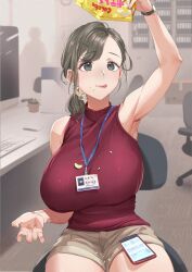 1girls cellphone chips_(food) food imac jpeg lanyard mhk_(mechamania) milf office office_lady sweater tongue_out