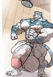 1boy anthro bara bodybuilder cock flaccid furry harshy hyper hyper_balls hyper_cock hyper_genitalia hyper_penis hyper_testicles male male_only muscles muscular muscular_arms muscular_male muscular_thighs nude penis shower showering solo solo_male testicles