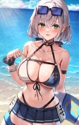 bare_shoulders beach bikini bikini_skirt black-framed_eyewear blush breasts cleavage cloud collarbone covered_nipples day eyewear_on_head female front-tie_bikini_top front-tie_top green_eyes grey_hair hair_between_eyes hand_up highres hololive large_breasts looking_at_viewer mole mole_on_breast navel ocean outdoors parted_lips sand shirogane_noel shirogane_noel_(summer_2020) short_hair sky smile solo standing sunglasses swimsuit virtual_youtuber watao wavy_hair wet