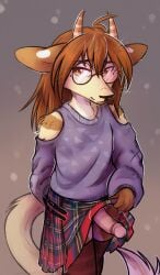 absurd_res anthro bottomwear clothing eyewear femboy ferka flashing genitals glasses hair hi_res horn humanoid_genitalia humanoid_penis kilt legwear lonerdemiurge long_hair long_tail male penis sahash skirt solo stockings sweater tail the_crown_of_leaves topwear