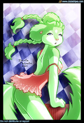 2001 blue_eyes breasts clothes clubstripes color daria_mcgrain dress female female_only fur furry furry_tail green_eyes green_hair hair long_hair looking_at_viewer looking_right side_view solo standing tail tied_hair twintails undressing