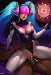 ai_generated blue_hair bodysuit clothed_female_nude_male clothed_sex cum cum_in_pussy cum_inside dark-skinned_male dj_sona dreamcuc fertilization helmet impregnation interracial league_of_legends light-skinned_female lipstick male open_mouth penis reverse_cowgirl_position riot_games sona_buvelle tight_clothing torn_clothing vaginal_penetration vaginal_sex