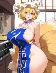 1girls ai_generated big_breasts blonde_hair breasts female female_focus female_only fluffy_tail fox_ears fox_tail hips huge_breasts large_breasts looking_at_viewer mature_female milf ran_yakumo touhou yellow_eyes