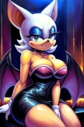 big_breasts cleavage cleavage_overflow mobian_(species) nightclub rouge_the_bat smile sonic_(series) sonic_the_hedgehog_(series) thick_thighs tight_clothing tight_dress