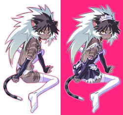 1boy :< alternate_costume animal_ears bell bell_collar blush bridal_gauntlets cat_ears cat_tail collar crossdressing dress elbow_gloves enmaided feline gakuen_sousei_nekoten! garter_belt gloves headdress kansuke_(nekoten!) long_hair maid maid_headdress maid_uniform male penis scar shiro0530 shirou stockings sweat tail thighhighs trap uncut unimpressed white_hair white_legwear yellow_eyes