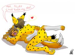 anthro blush brown_hair canine claws closed_eyes couple cum dialogue english_text engrish explicitly_stated_nonconsent feline female fox fur furry hair heart male nuff orange penetration rape sex spots straight text vaginal_penetration yellow