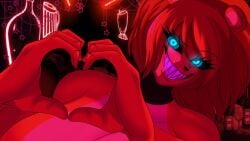 blue_eyes cleavage elronnyx five_nights_at_freddy's five_nights_in_anime glowing_eyes golden_freddy_(fnaf) heart_gesture heart_symbol looking_at_viewer sharp_teeth solo topless