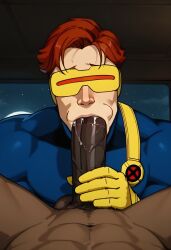 ai_generated bara blowjob clothed cyclops_(x-men) dark-skinned_male fellatio gay interracial male_only marvel oral oral_sex pov precum saliva scott_summers sucking_penis superherosuckerrr x-men x-men_97