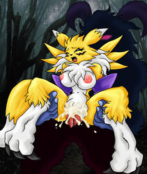 anthro big_breasts blumagik breasts canine chest_tuft claws closed_eyes cum digimon elbow_gloves face_markings fangs female forest fox fur furry male outside penetration penis pussy renamon sex sitting straddle tree vaginal_penetration yellow