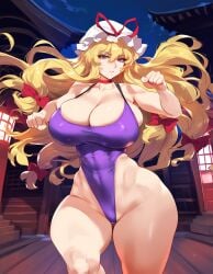 1girls ai_generated ass big_breasts blonde_hair breasts female female_focus female_only hips huge_ass huge_breasts large_breasts long_hair looking_at_viewer mature_female milf thick_thighs thighs touhou yukari_yakumo