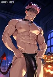 ai_assisted ai_generated bara bara_ass bara_tiddies bara_tits big_ass big_butt big_pecs big_penis big_thighs collar devil_costume gay haruartx itadori_yuuji jujutsu_kaisen male male/male male_only yaoi