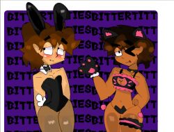 2boys :3 big_thighs bittertitties brown_hair bunny_ears bunnysuit cat_ears cat_paws catsuit dark_hair femboy femboy_only feminine_male justin_(tdi) light_skin lingerie revealing_clothes slutty_clothes tanned_skin total_drama_island tyler_(tdi) watermark