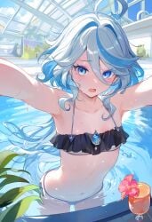 1girls ai_generated bikini blue_eyes blue_hair breasts drink drinking_glass furina_(genshin_impact) genshin_impact jpeg midriff petite pool small_breasts swimming_pool swimsuit swimwear water wet