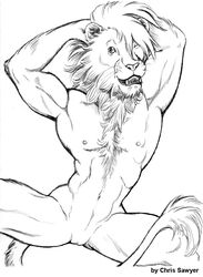 anthro arms_behind_head chris_sawyer cuntboy feline fur furry intersex line_art lion looking_at_viewer mane monochrome navel nipples nude pussy solo spread_legs spreading ulan