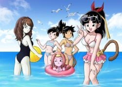 10s 5girls ball beachball bikini bird black_eyes black_hair blue_eyes blush breasts brown_hair colored_skin dragon_ball dragon_ball_heroes earrings forte_(dragon_ball) frilled_bikini frills innertube jewelry karoine multiple_girls nico_(dragon_ball) nimu_(dragon_ball) note_(dragon_ball) ocean one-piece_swimsuit orange_hair pink_skin ponytail saiyan seagull sunglasses swim_ring swimsuit tail v viola_(dragon_ball) wairu white_skin