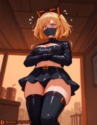 ai_generated asphyxiation blonde_hair bondage bound_arms burnice_white covered dripping gag gagged in looking_at_viewer orange_eyes over_the_nose_gag spunk straitjacket sunglasses_on_head tape_gag thighhighs zenless_zone_zero