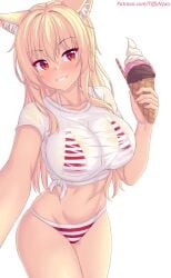 big_breasts bikini blonde_hair cat_ears catgirl holding_object patreon patreon_username see-through_clothing smiling_at_viewer tiffy tiffynyaa