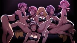 6girls black_bra black_lingerie black_panties blonde_hair blue_eyes bra breasts brown_eyes brown_hair caroline_(pokemon) choker couch delia_ketchum_(pokemon) earrings grace_(pokemon) green_eyes hairband hairclip high_heels large_breasts lingerie long_hair looking_at_viewer lusamine_(pokemon) midriff milf mother_(pokemon_bw) mother_(pokemon_sv) navel nintendo paldea_mother panties pink_hair pokemon pokemon_bw pokemon_rse pokemon_sm pokemon_sv pokemon_xy purple_hair short_hair sitting_on_couch twintails vivivoovoo