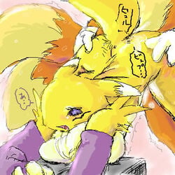 all_fours anthro blue_eyes breasts canine chest_tuft cum digimon doggy_style elbow_gloves female fox from_behind fur furry gloves kitsune male mobian multiple_tails orange panting raised_tail renamon senbon sonic_(series) straight tail tails yellow