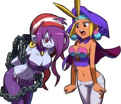 2girls angry_expression angry_face blonde_female blonde_hair blue_bandana brown_eyes chains light_purple_skin long_pants medium_breasts purple_collar purple_hood red_bandana red_eyes risky_boots shantae sky_(shantae) small_breasts white_jeans